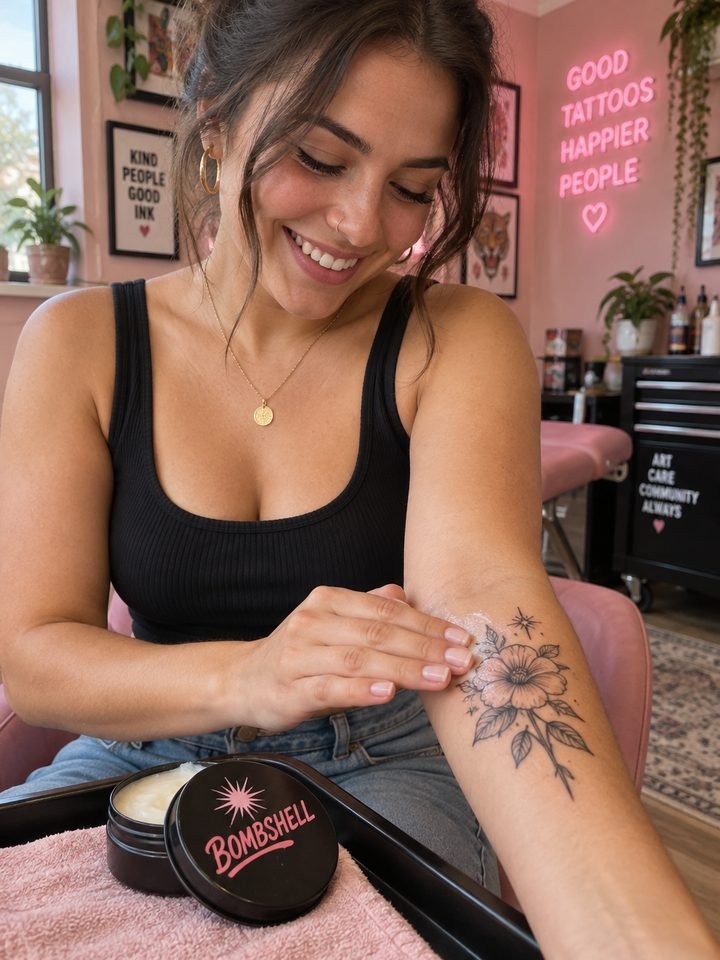 Concept render: a smiling woman smoothing balm onto a floral forearm tattoo, an open black Bombshell tin beside her.