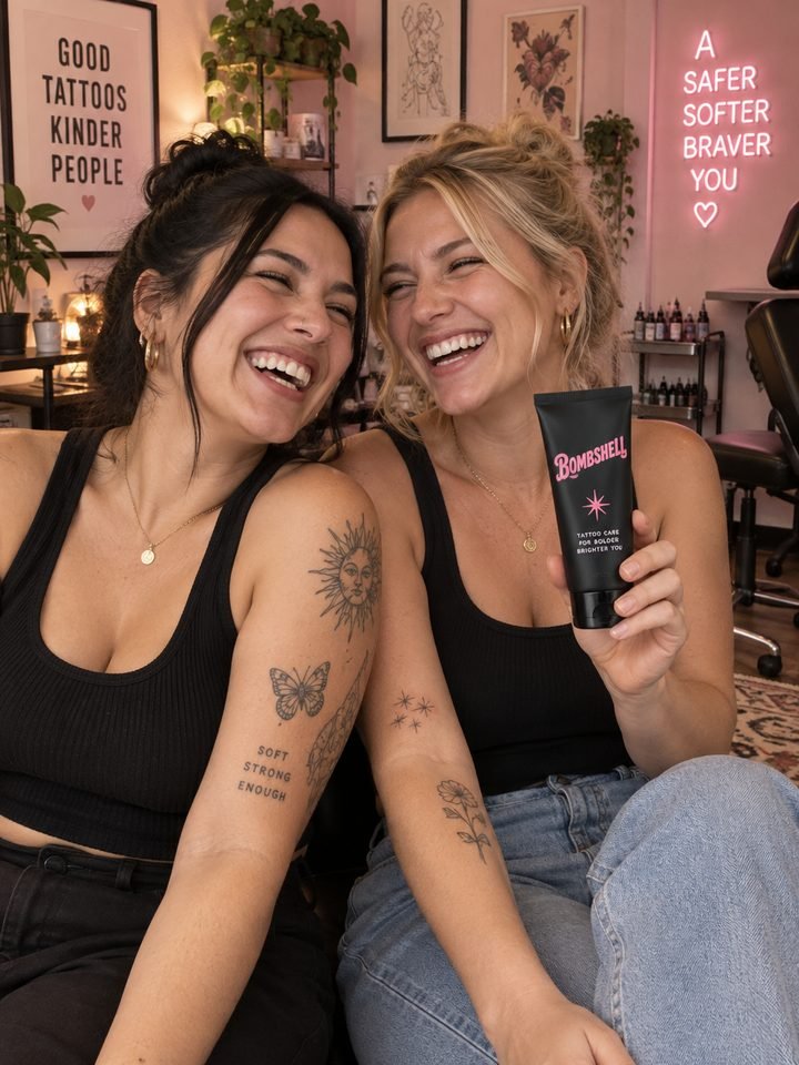 Concept render: two smiling women with fine-line arm tattoos laughing together in a pink tattoo studio, one holding a black Bombshell tube.